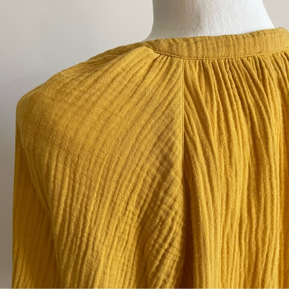 1 State Crinkly Cotton Button Down Shirt Tunic, Women Medium Mustard Yellow - Picture 5 of 8